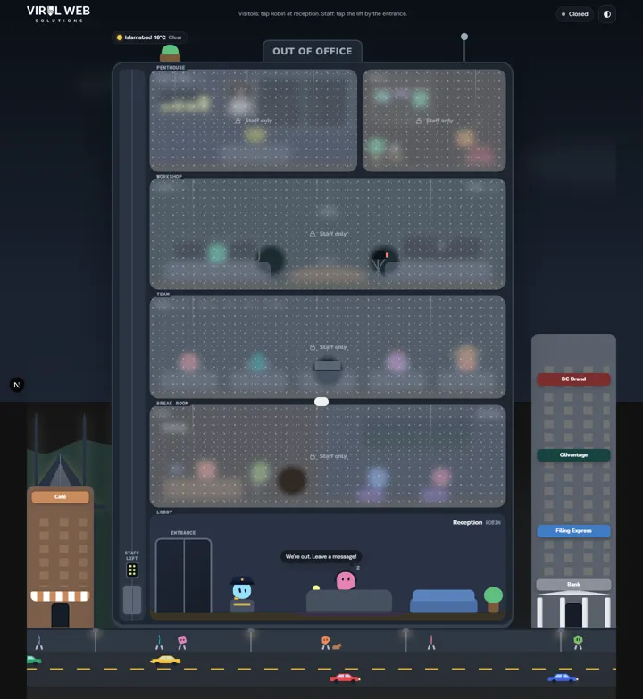 Full view of the HQ virtual office tower